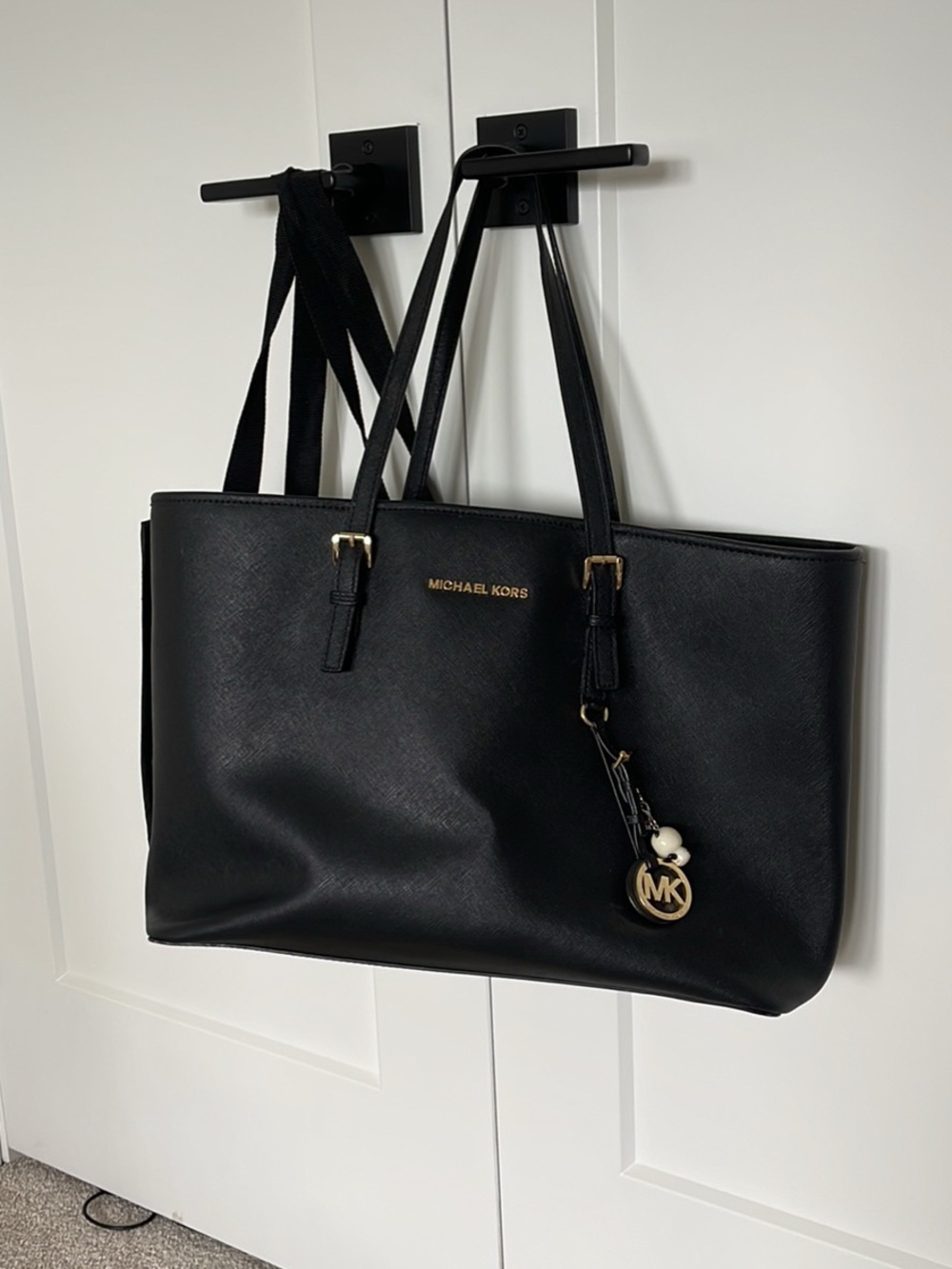Michael Kors Black Saffiano Leather Tote with MK Charm